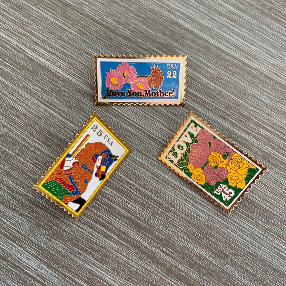 Bundle of 3 Vintage Stamp Enamel Pins